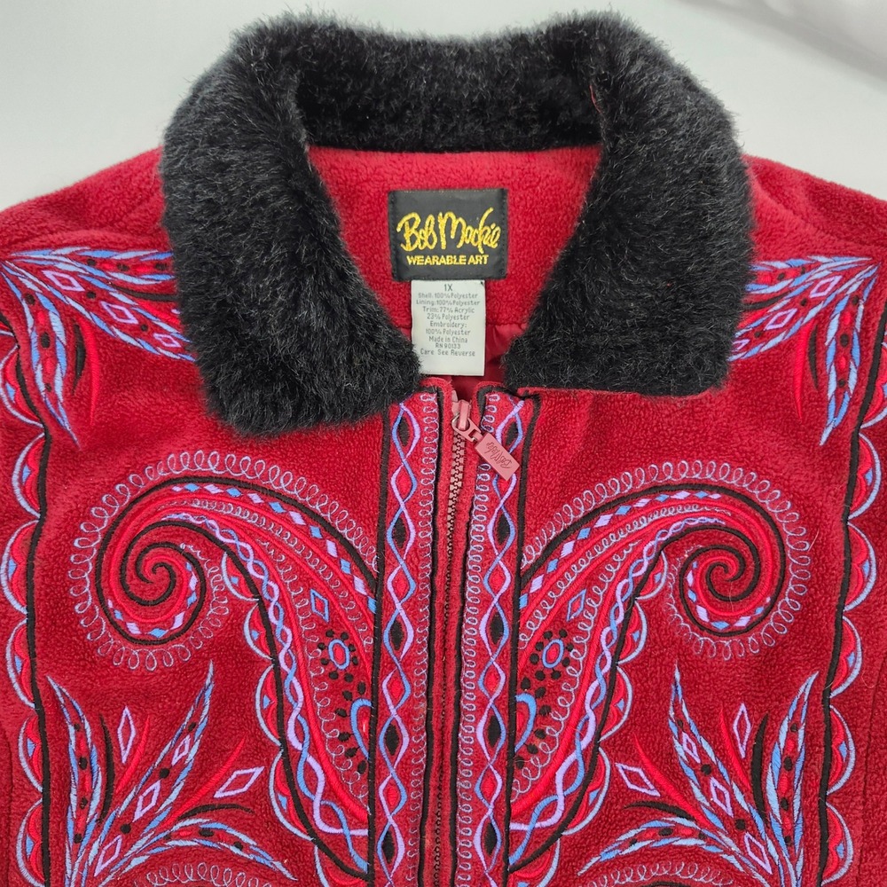 Bob Mackie Wearable Art Women Eclectic Fleece Vest Size 1X Red Paisley Faux Fur